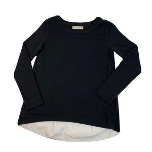 Ann Taylor Loft  Black Front White Back Solid Top Blouse Longsleeve Pleated XS